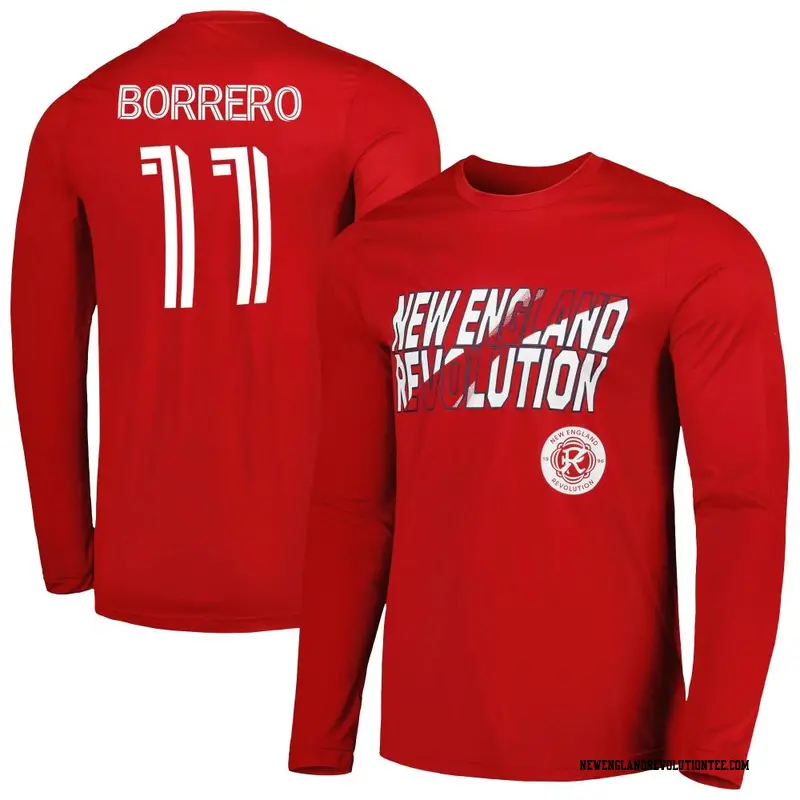 Men's New England Revolution ＃11 Dylan Borrero Red Name & Number Hook Long Sleeve T-Shirt