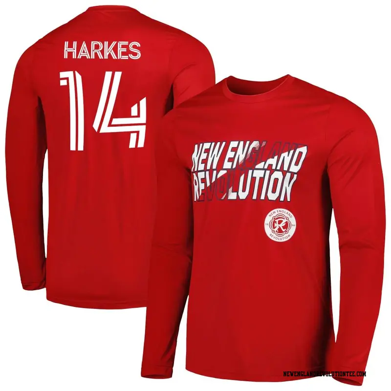 Men's New England Revolution ＃14 Ian Harkes Red Name & Number Hook Long Sleeve T-Shirt