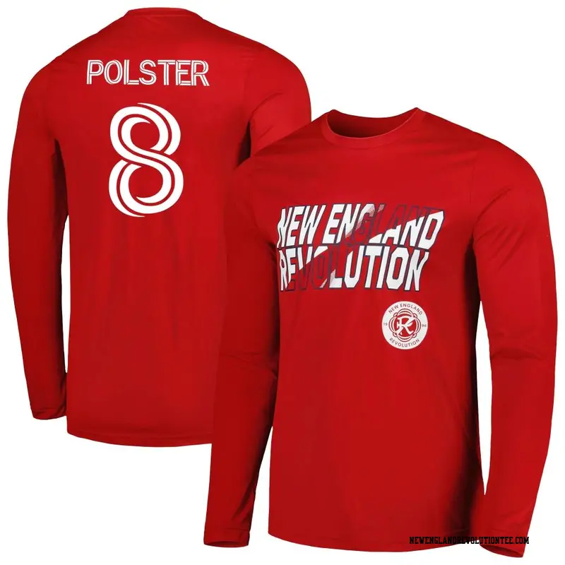 Men's New England Revolution ＃8 Matt Polster Red Name & Number Hook Long Sleeve T-Shirt