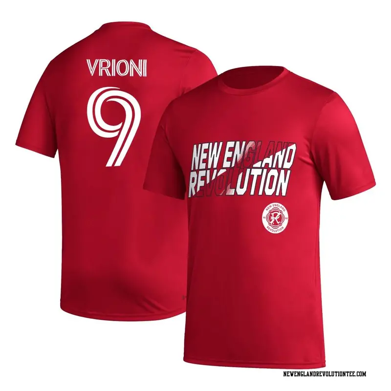 Men's New England Revolution ＃9 Giacomo Vrioni Red Name & Number Hook T-Shirt