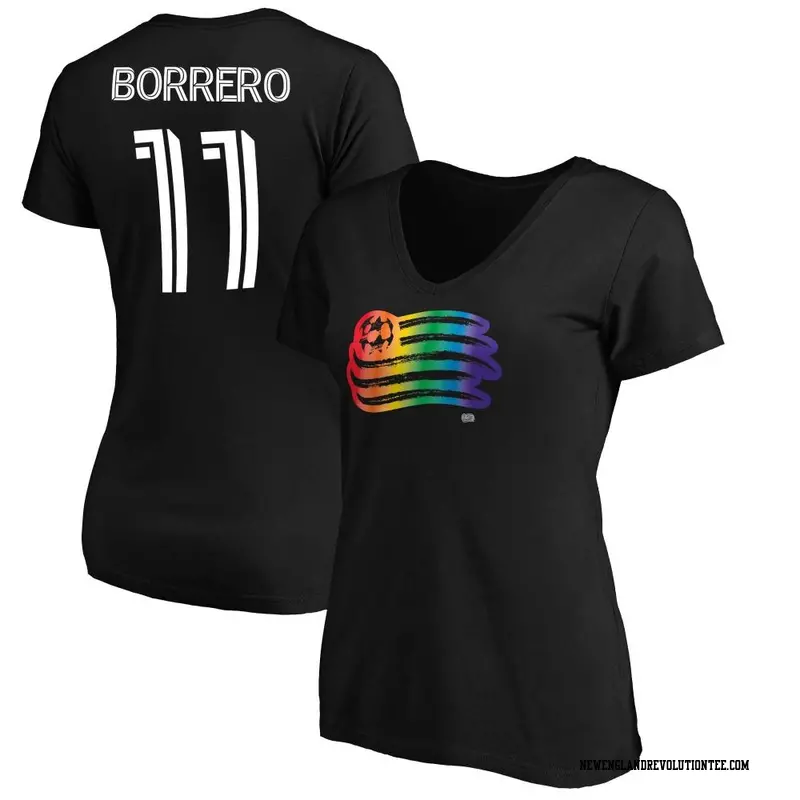 Women's New England Revolution ＃11 Dylan Borrero Black Name & Number Pride V-Neck T-Shirt